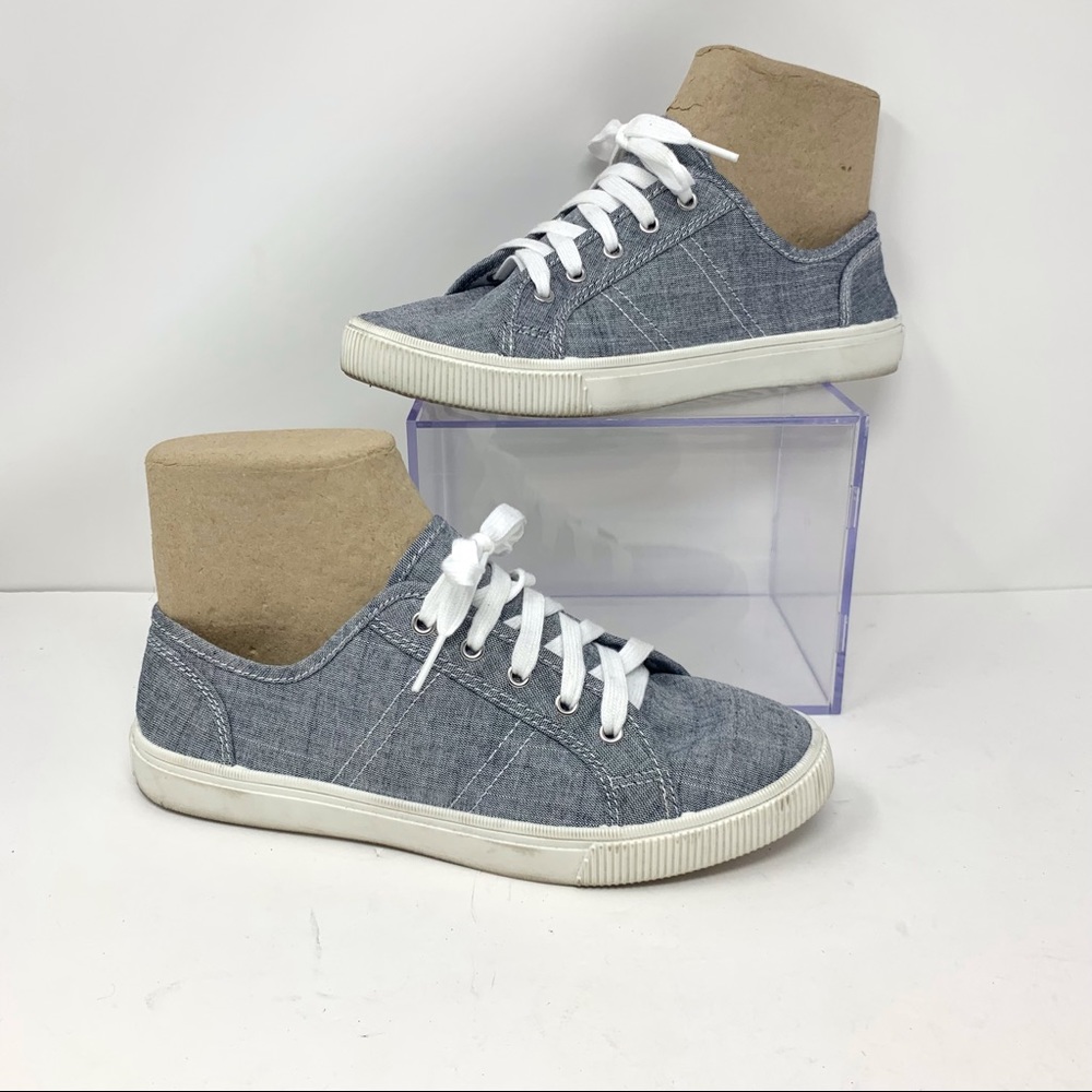 H&M Women sz 8.5 Gray/Navy Blue Canvas Flat Sneaker Shoe RN101255